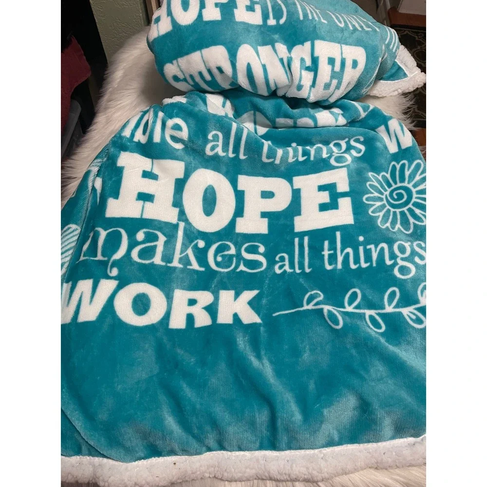 Teal White Plush Sherpa Cozy Fleece Throw HOPE makes all things WORK 50